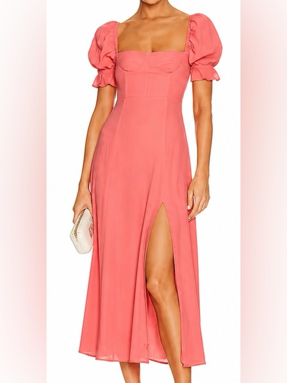 NWT - WeWoreWhat Coral Corset Puff Sleeve Midi Dress Size 10